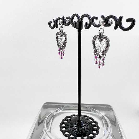 New / Hand Crafted - Silver Tone Heart Dreamcatcher & Pink Beaded Post Earrings. - Picture 3 of 7